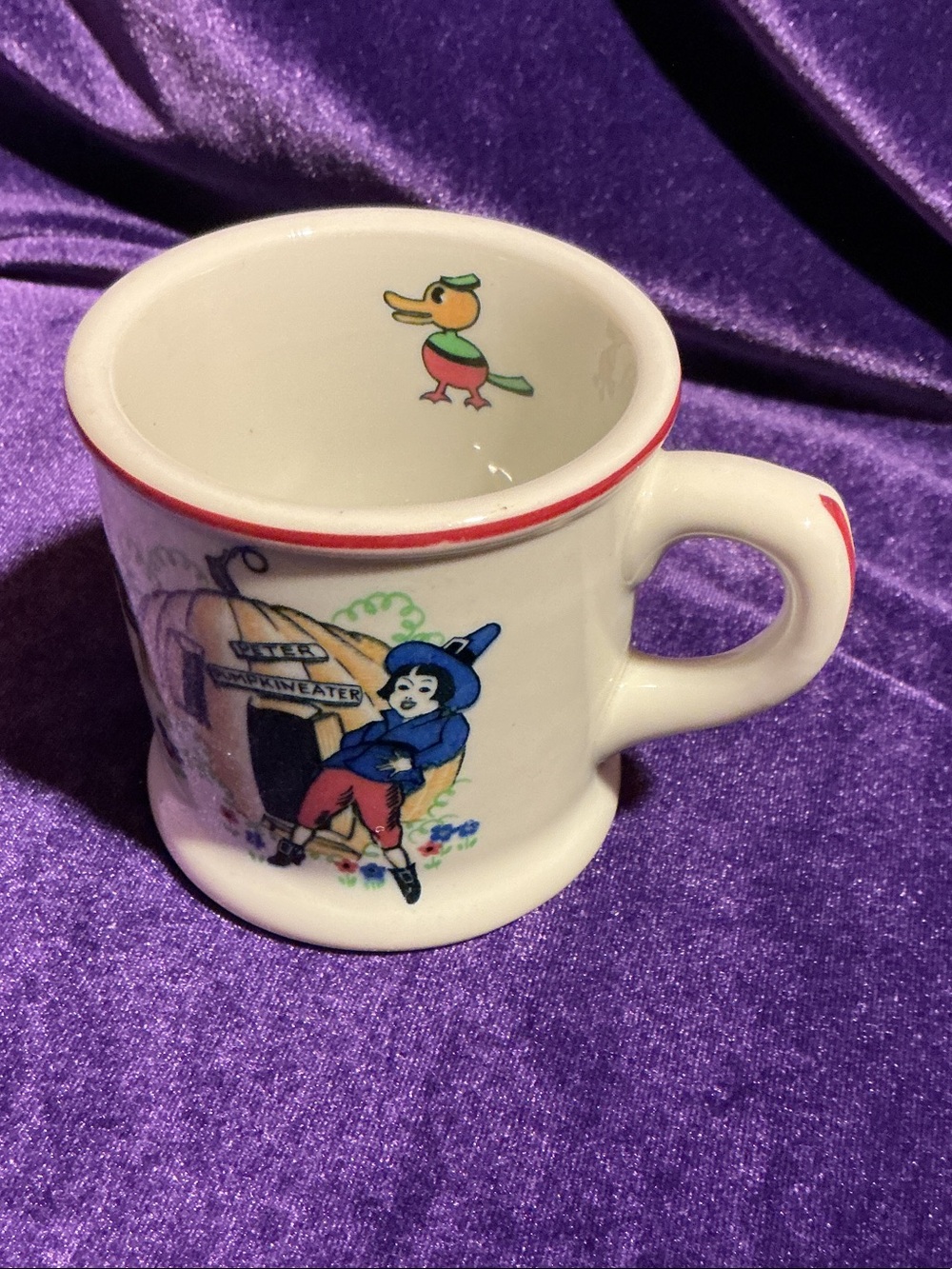 Children's White Ceramic Mug with Red Trim and Colorful Character Print